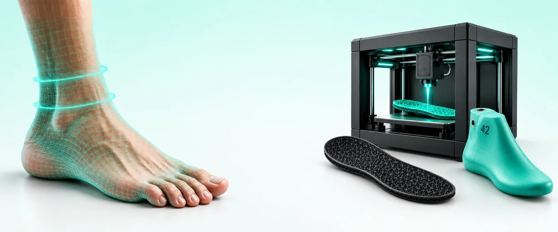 Chodidlo naskenované do 3D mřížky vedle 3D tiskárny tisknoucí vložku a kopyto